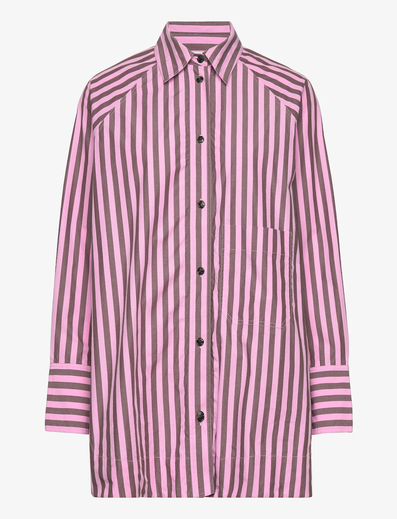 Ganni - Stripe Cotton Oversize Raglan Shirt - långärmade skjortor - bonbon - 0