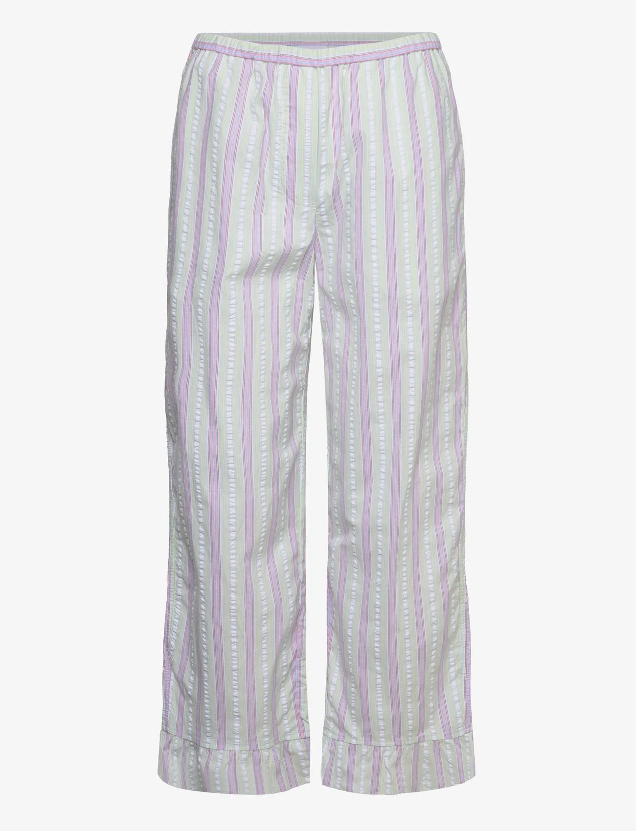 Ganni - Stripe Seersucker Elasticated Mid Waist Pants - straight leg hosen - mauve chalk - 0