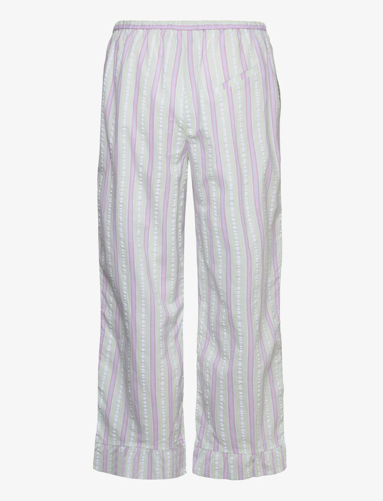 Ganni - Stripe Seersucker Elasticated Mid Waist Pants - straight leg trousers - mauve chalk - 1