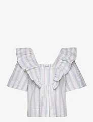 Ganni - Stripe Seersucker Ruffle Blouse - short-sleeved blouses - mauve chalk - 0