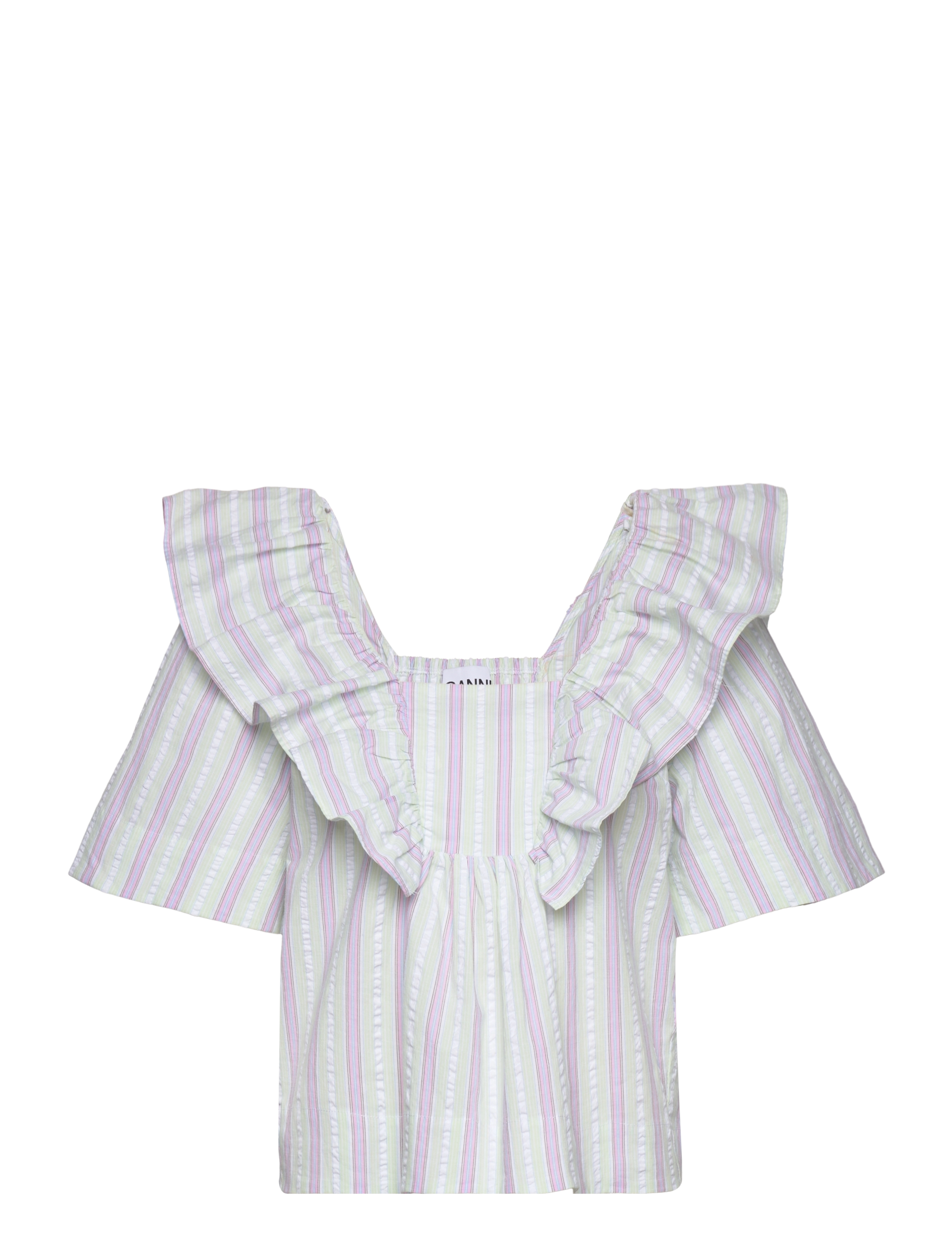 Ganni Stripe Seersucker Ruffle Blouse - Clothing - MAUVE CHALK / multi