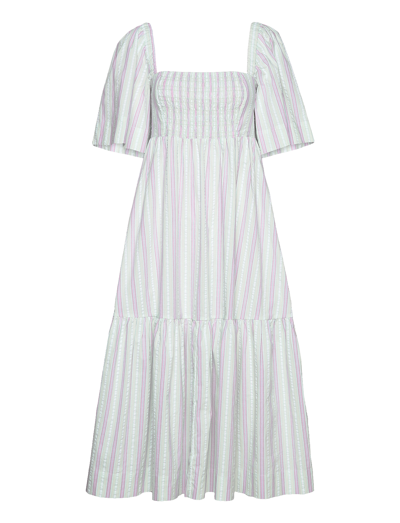 Ganni | Stripe Seersucker Ruffle Midi Dress | 32