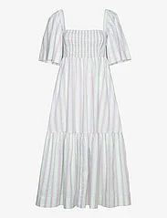 Ganni - Stripe Seersucker Ruffle Midi Dress - midi dresses - mauve chalk - 0