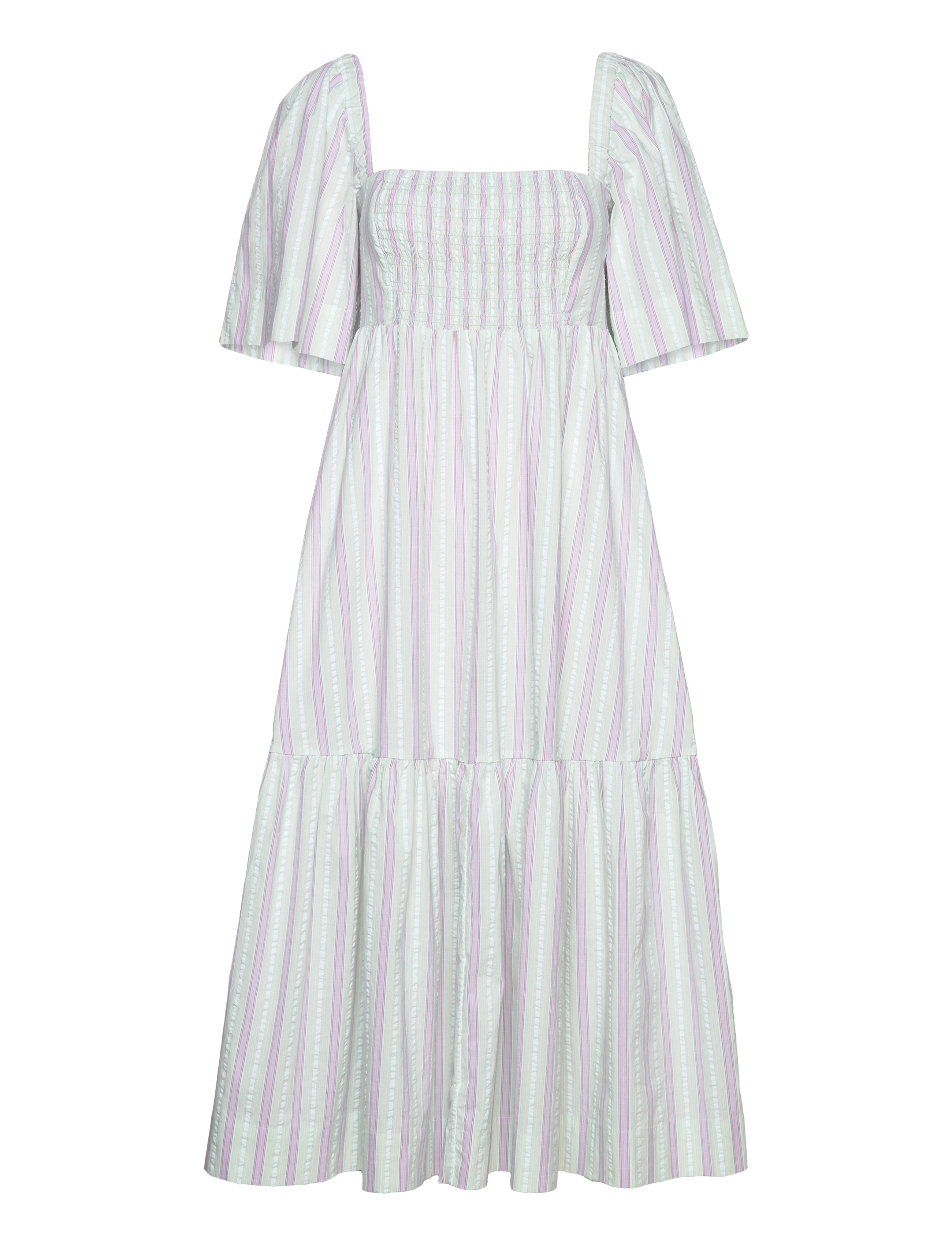 Ganni Stripe Seersucker Ruffle Midi Dress - Ganni - MAUVE CHALK / blue