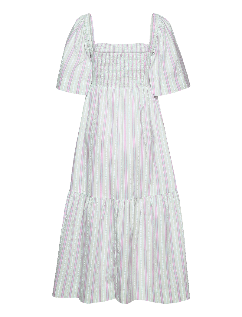 Ganni Stripe Seersucker Ruffle Midi Dress midi dresses shop at Booztlet Ganni Stripe Seersucker Ruffle Midi Dress midi dresses shop at Booztlet