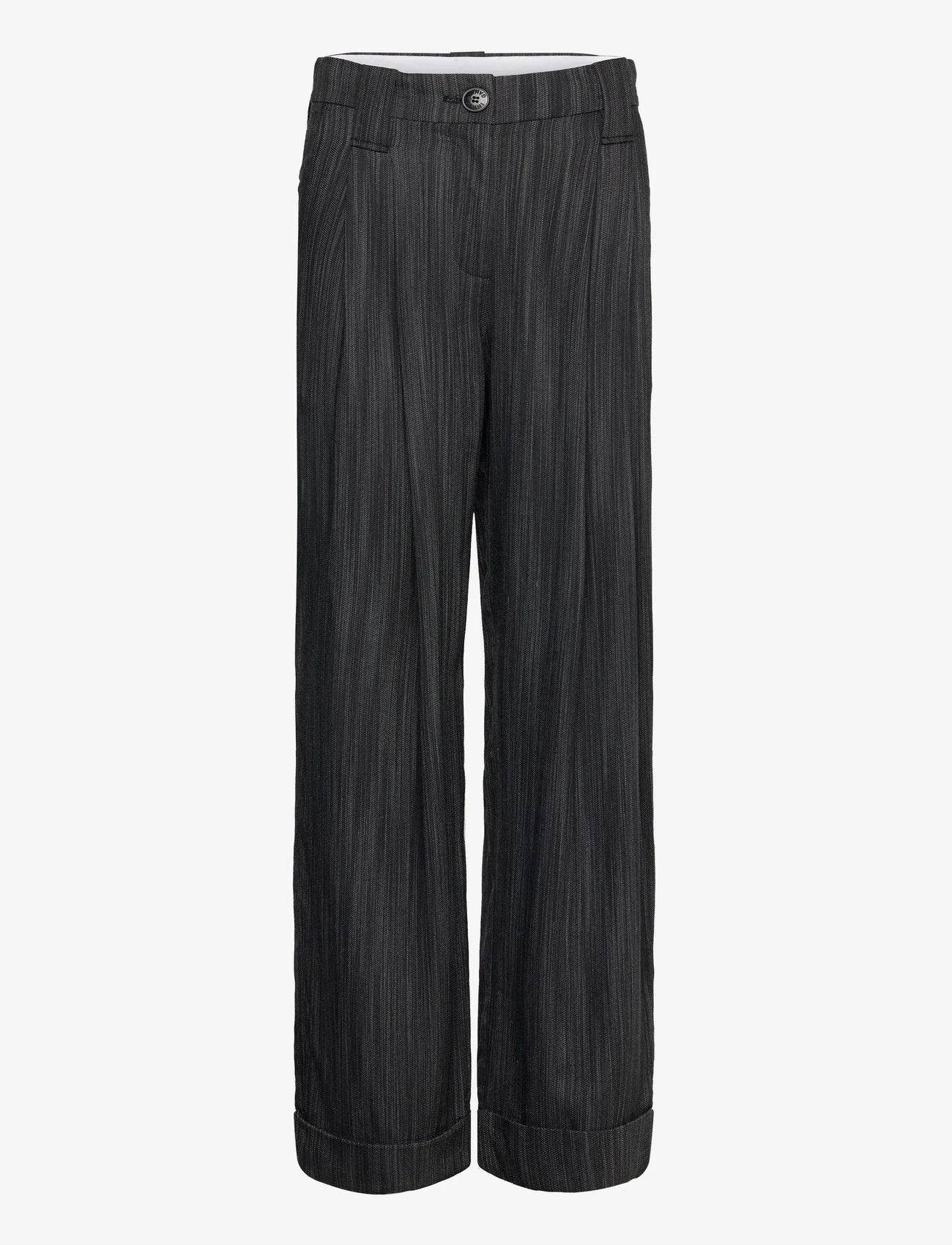 Ganni - Drapey Stripe Suiting Mid Waist Pleat Pants - spodnie szerokie - black - 0