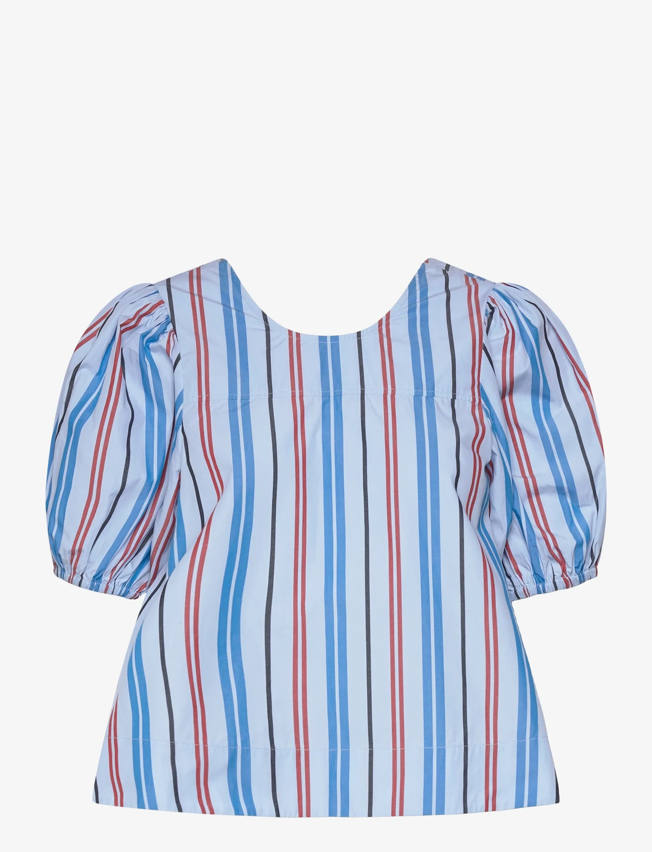 Ganni - Stripe Cotton Open Back Top - blouses korte mouwen - brilliant blue - 0