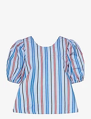 Ganni - Stripe Cotton Open Back Top - short-sleeved blouses - brilliant blue - 0