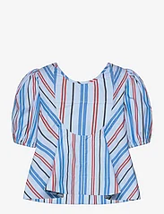 Ganni - Stripe Cotton Open Back Top - short-sleeved blouses - brilliant blue - 1