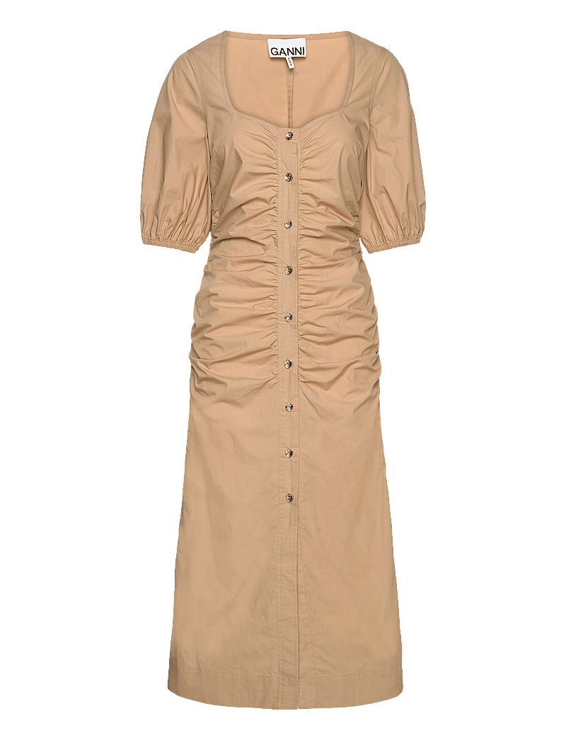 Ganni Cotton Poplin Gathered Open-neck Maxi Dress – midi dresses – shop at Booztlet