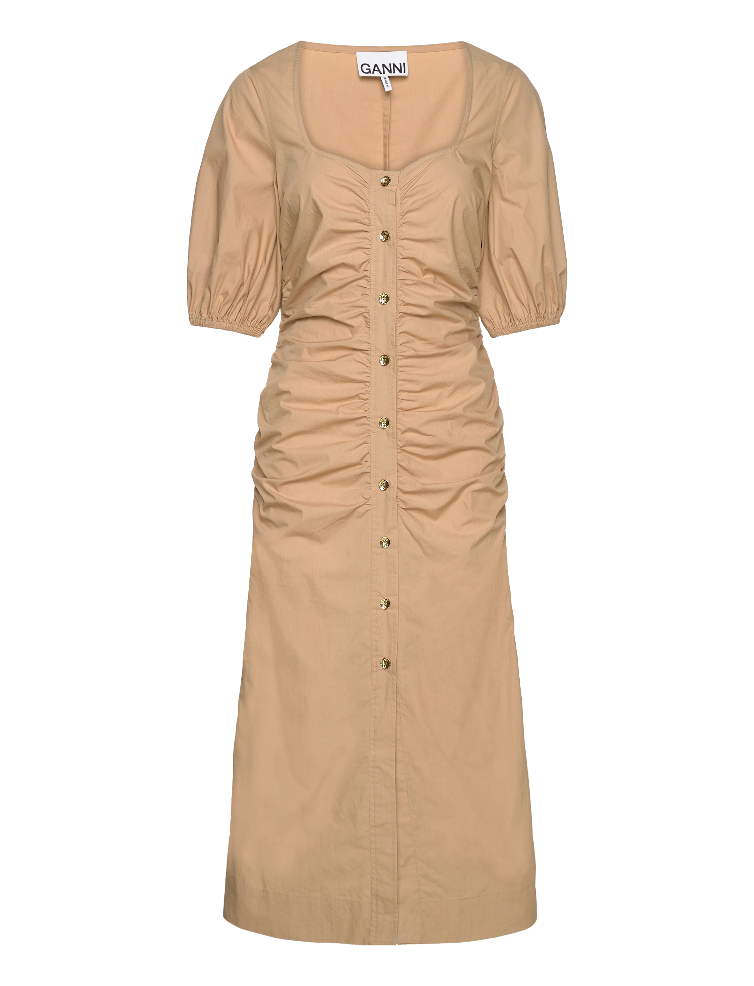 Ganni Cotton Poplin Gathered Open-neck Maxi Dress - Ganni - CURDS AND WHEY / beige