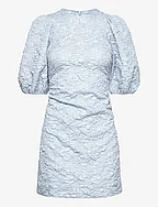 Stretch Jacquard Puff Sleeves Mini Dress - SKY BLUE