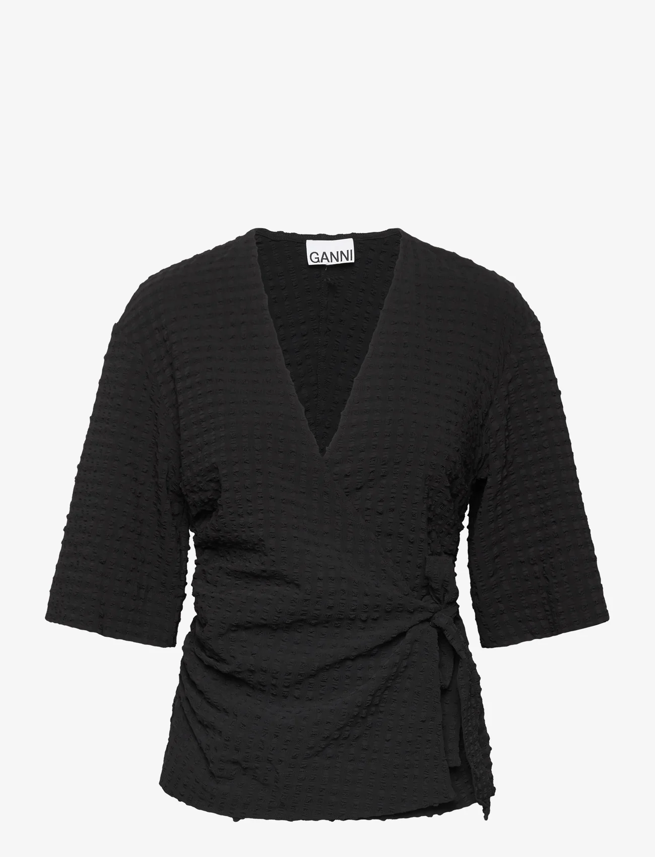 Ganni - Stretch Seersucker - short-sleeved blouses - black - 0