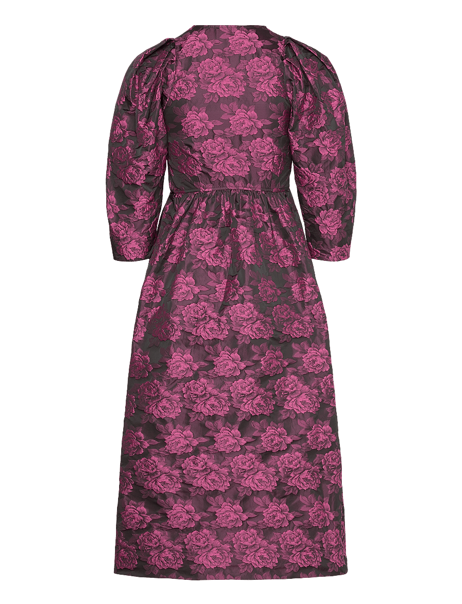 ganni purple floral dress GANNI Gathered floral-jacquard midi dress