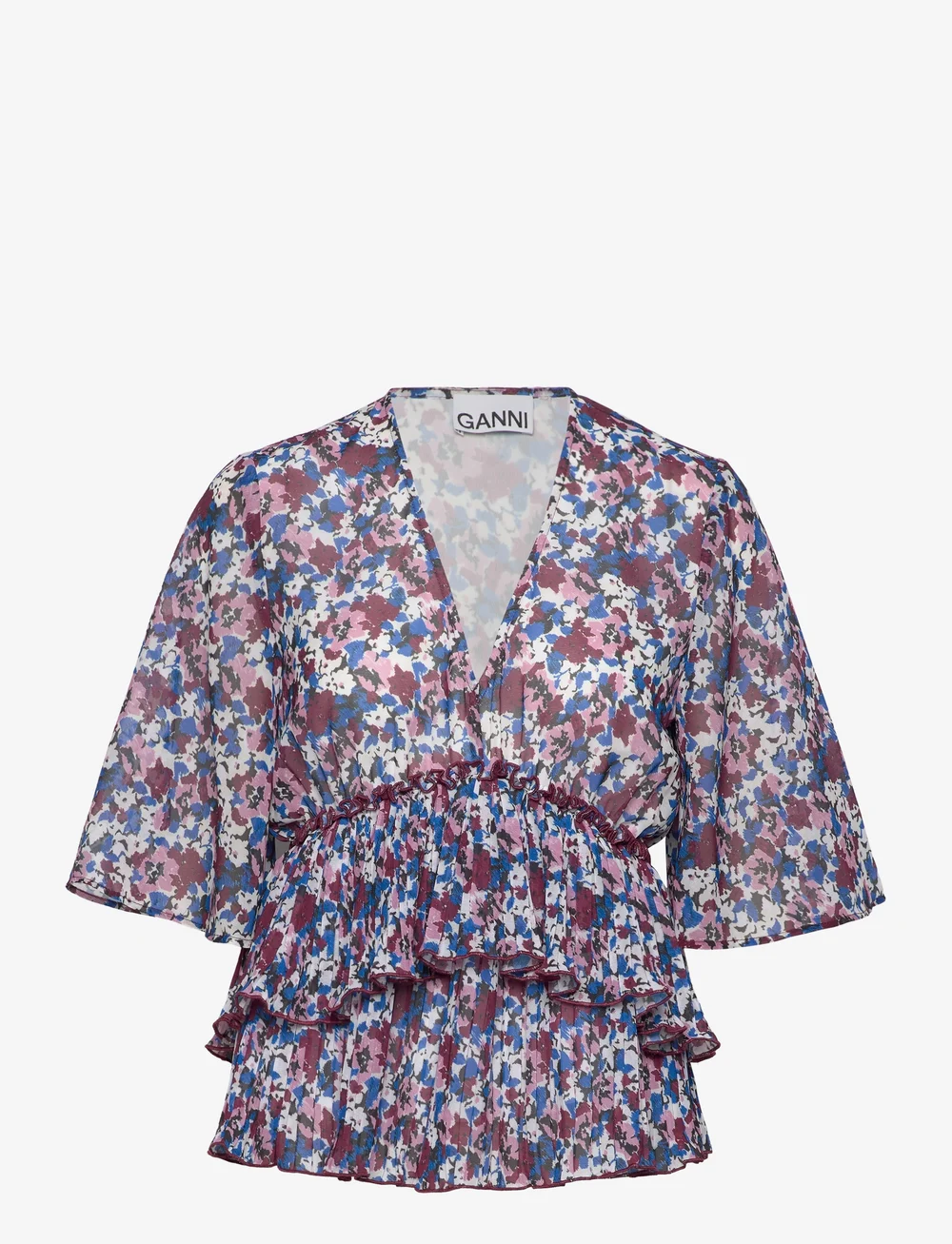 Ganni - Pleated Georgette - kortærmede bluser - multicolour - 0