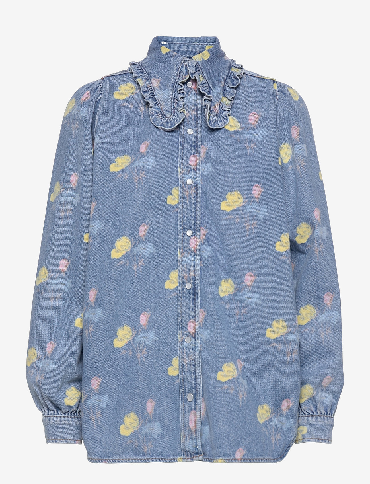Print Indigo Frill Collar Shirt - BLEACH