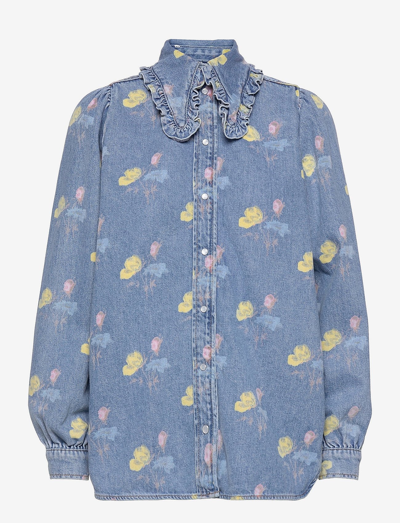 Print Indigo Frill Collar Shirt - BLEACH