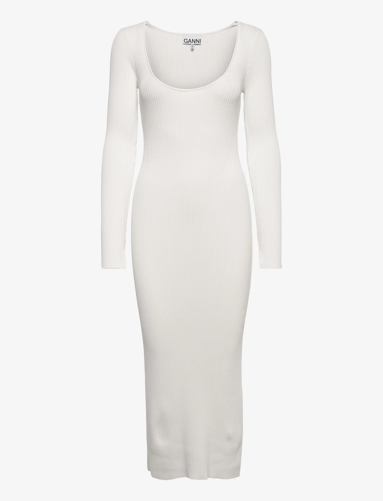 Ganni - Long Sleeve Low Roundneck Slim Dress - sukienki koszulowe - egret - 0