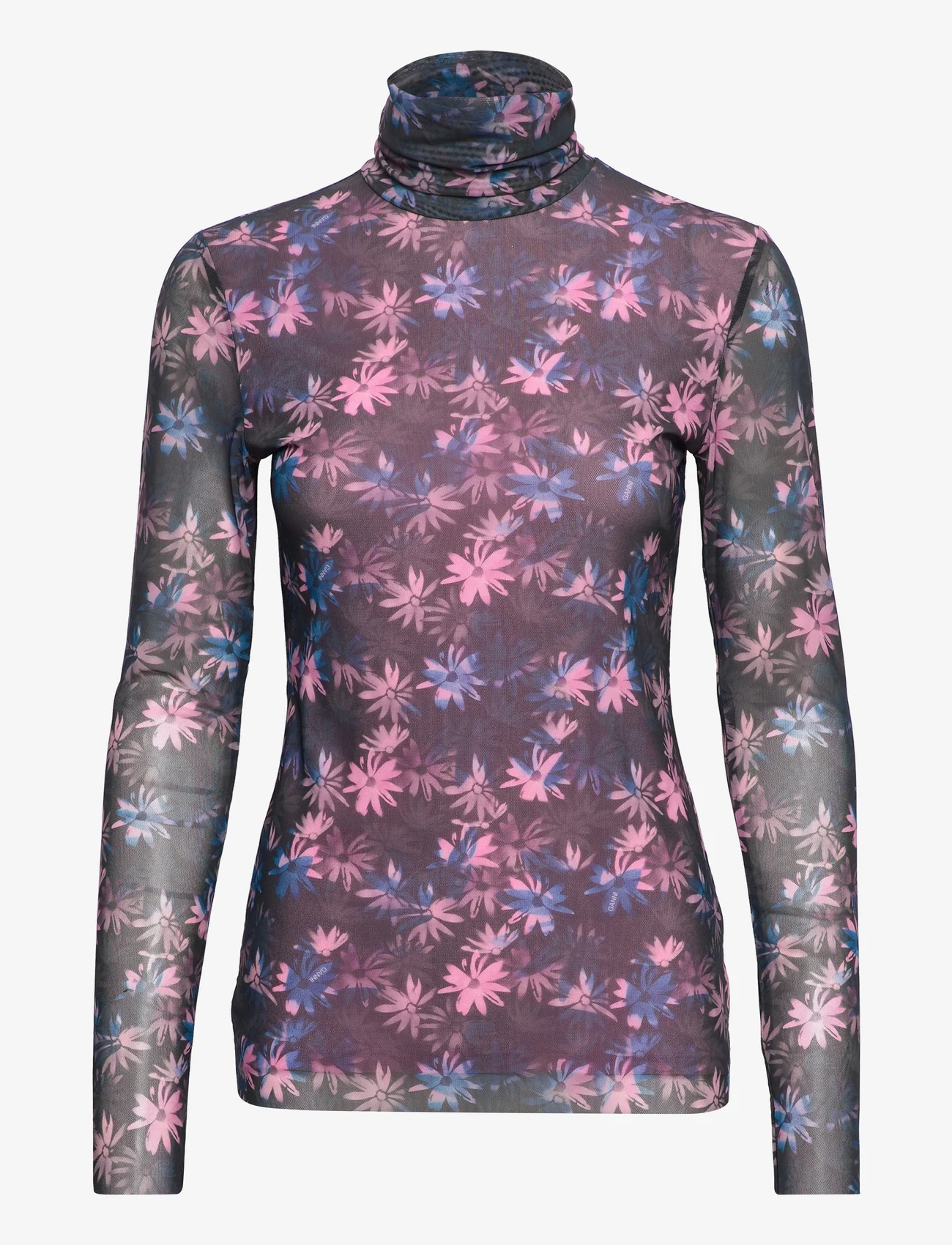 Ganni - Printed Mesh Long Sleeve Fitted Rollneck - t-shirt & tops - daisy spray lilac sachet - 0