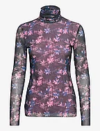 Printed Mesh Long Sleeve Fitted Rollneck - DAISY SPRAY LILAC SACHET