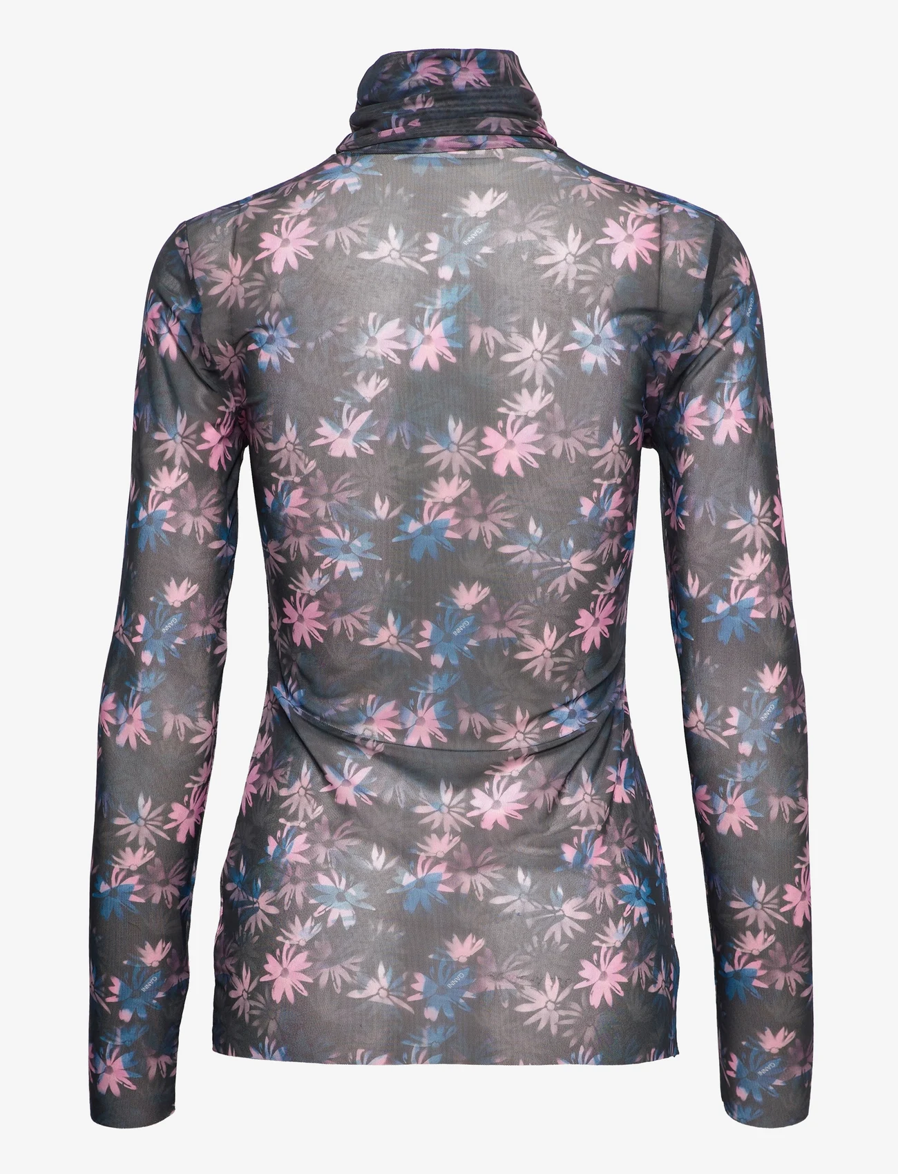 Ganni - Printed Mesh Long Sleeve Fitted Rollneck - t-shirts & tops - daisy spray lilac sachet - 1