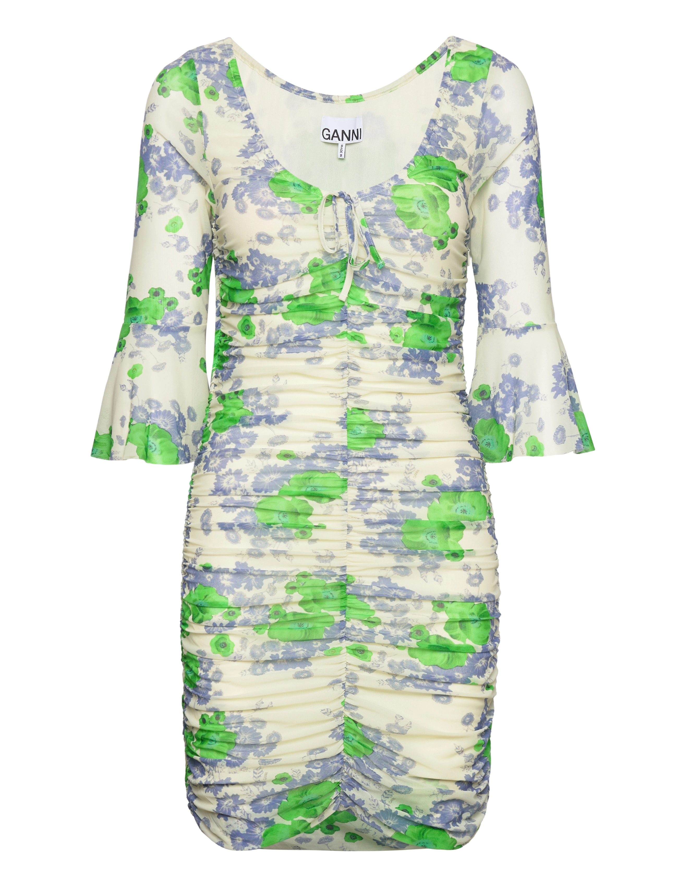 Ganni Printed Mesh U-neck Ruched Mini Dress - Tøj - EGRET / green