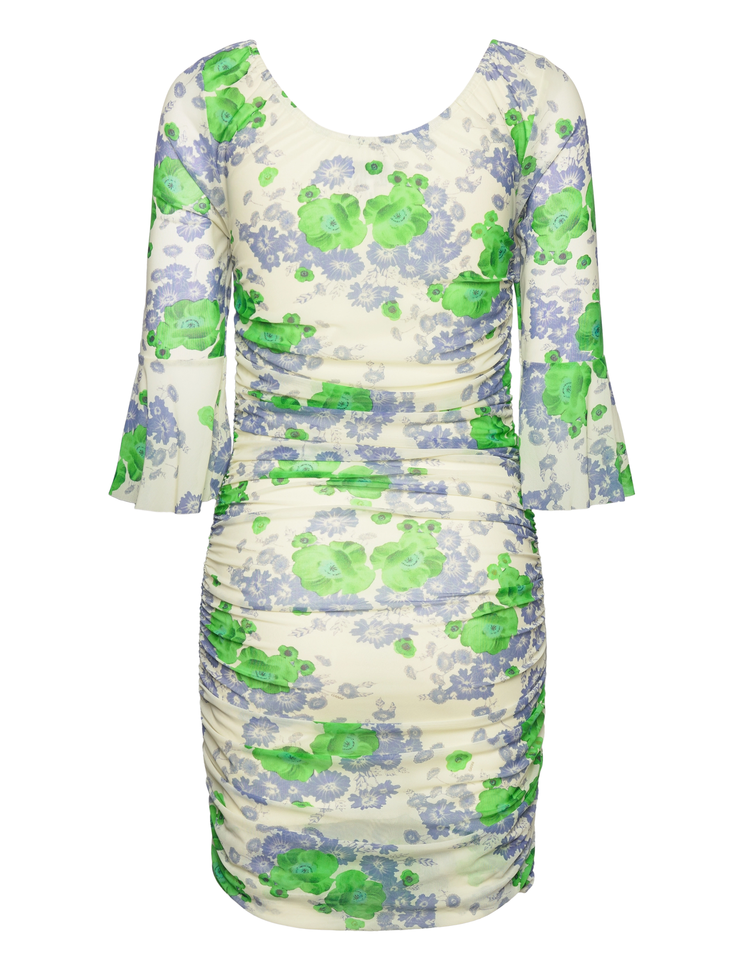 Ganni - Printed Mesh U-neck Ruched Mini Dress - korte kjoler - egret - 1