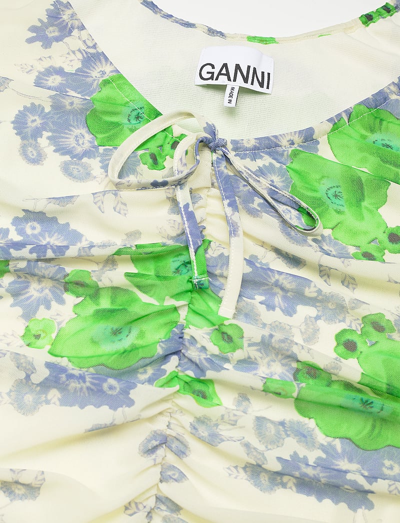 Ganni Printed Mesh U-neck Ruched Mini Dress short dresses shop at Booztlet Ganni Printed Mesh U-neck Ruched Mini Dress short dresses shop at Booztlet