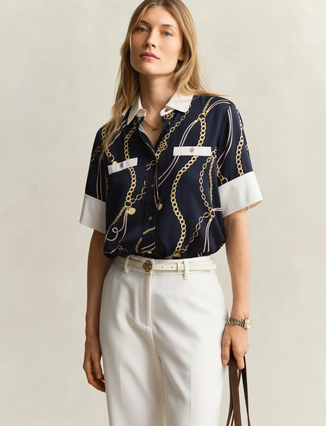GANT Reg Printed Contrast Ss Blouse - Navy - 34