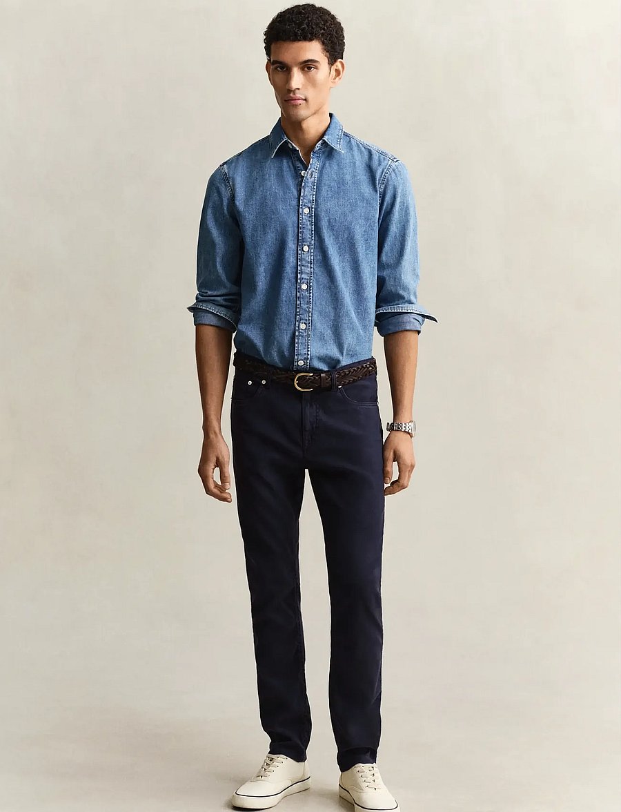 Gant - SLIM COTTON / LINEN JEANS - leinenhosen - evening blue - 0