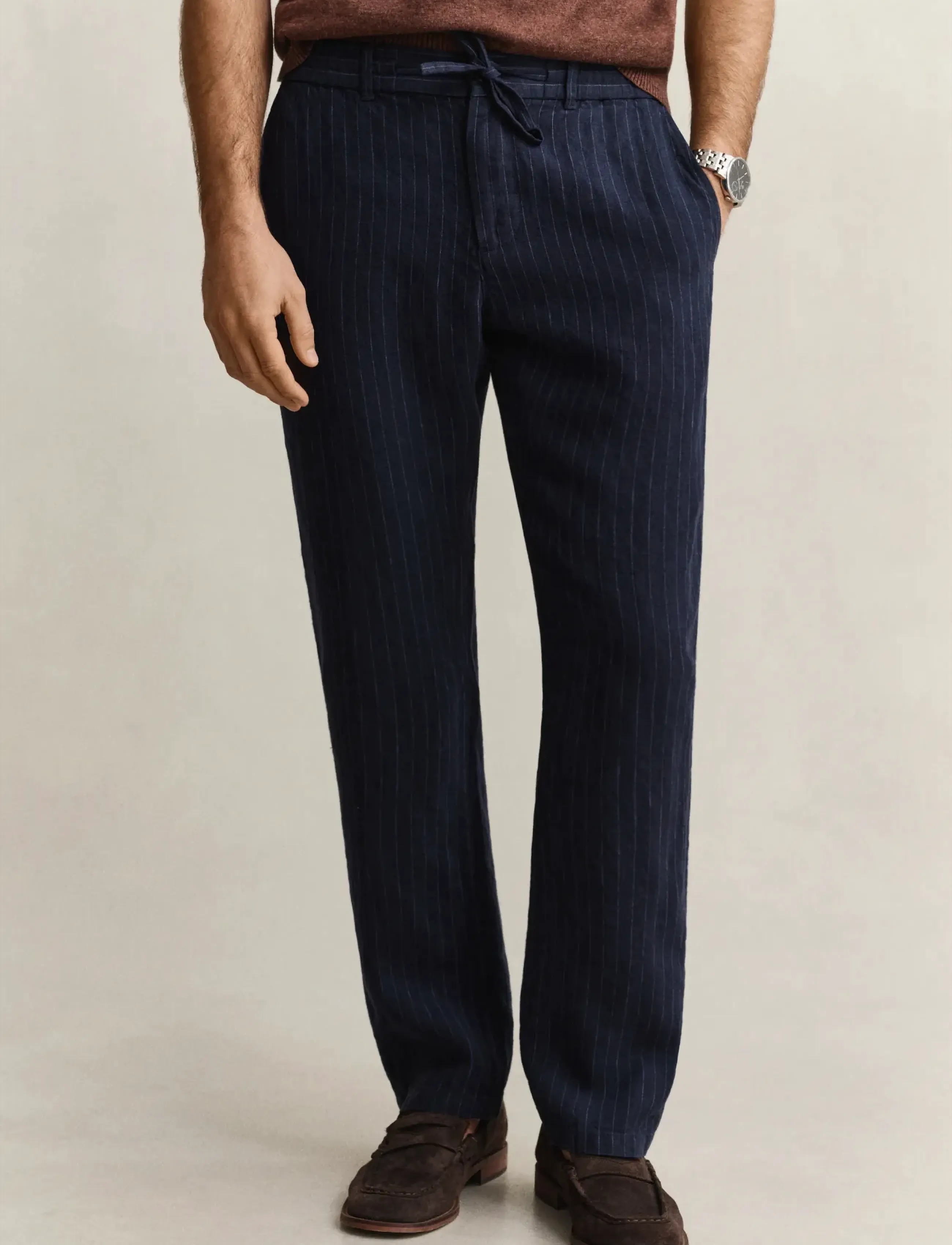 Gant - REG STRIPED LINEN DS PANTS - hørbukser - evening blue - 5
