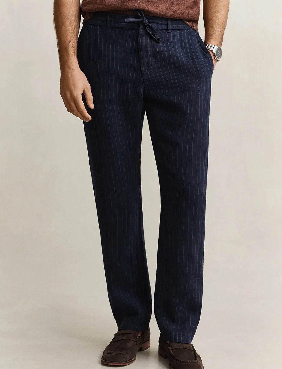 Gant - REG STRIPED LINEN DS PANTS - hørbukser - evening blue - 5
