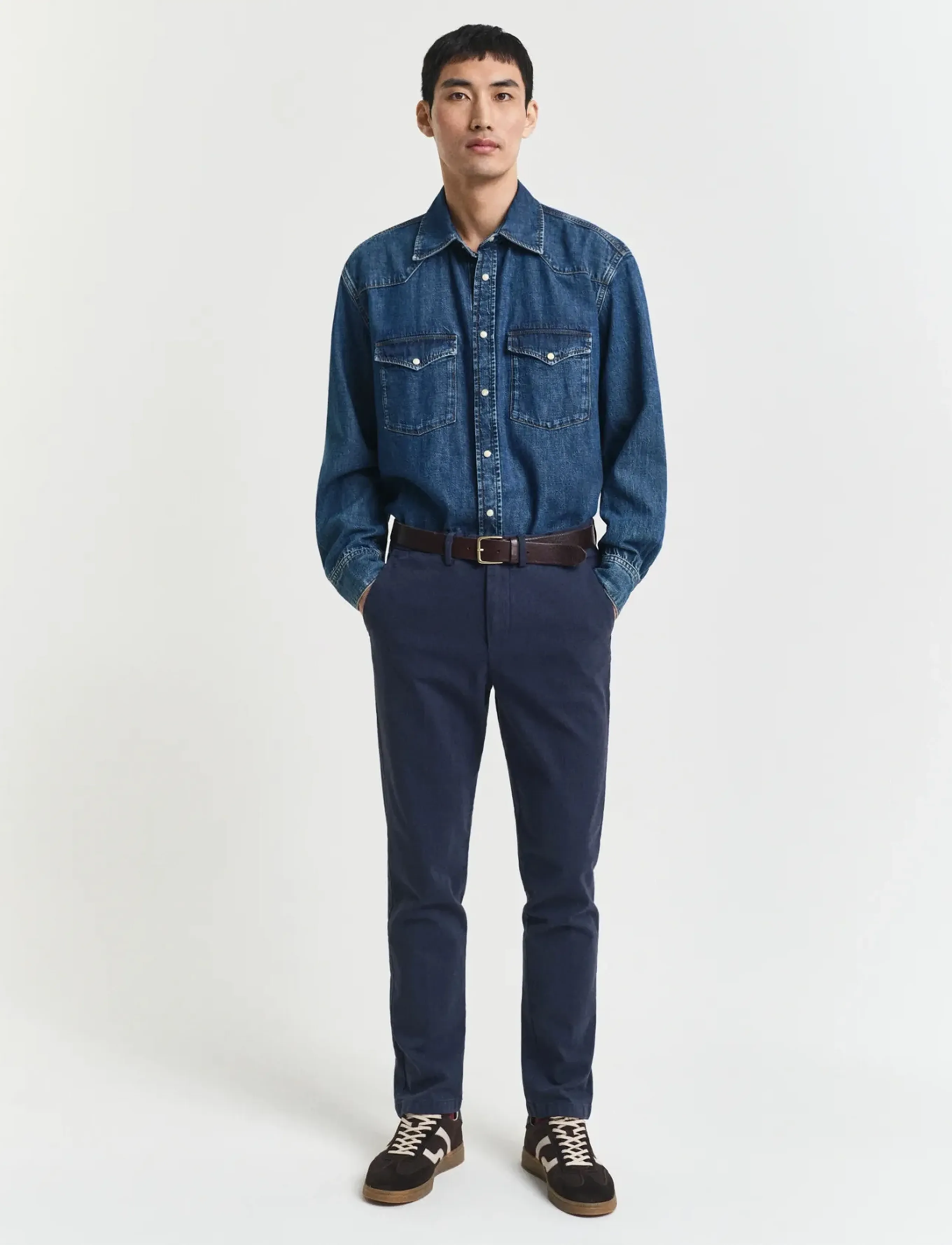 Gant Slim Cotton Herringbone Pants, Mænd, Slim Fit Chinos, Blå, Str: 32 x 32