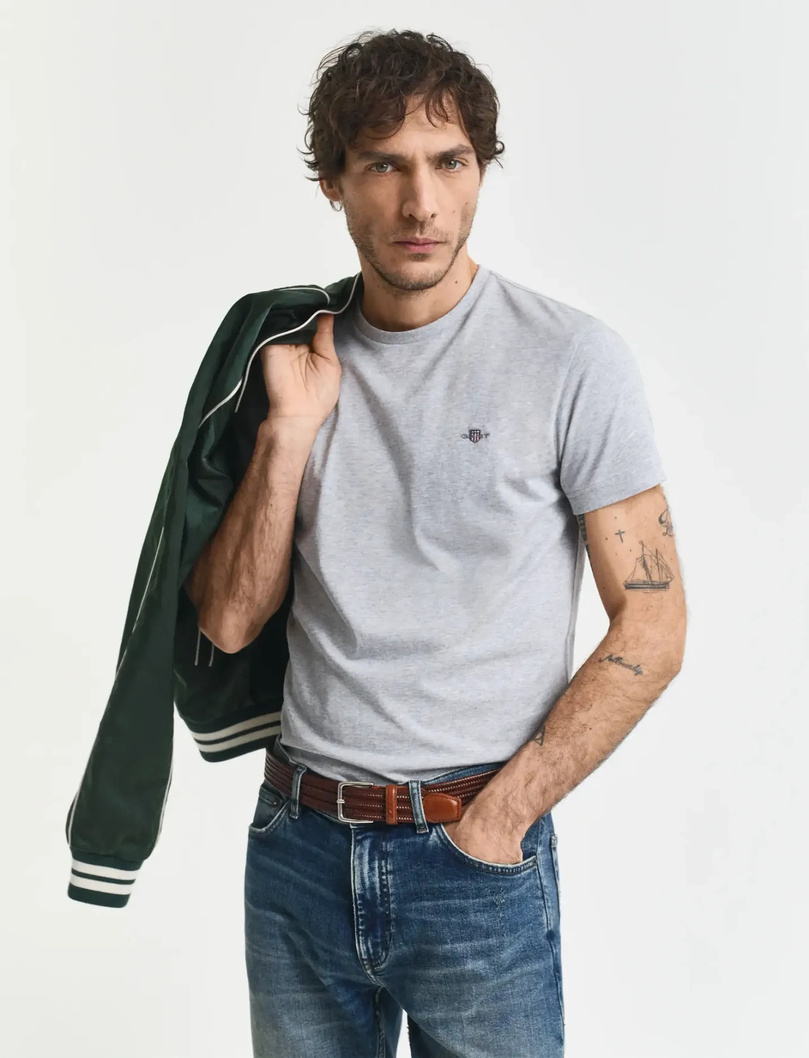 Gant Slim Shield Ss T-Shirt, Mænd, Slim Fit T-Shirt, Grå, Str: XXXL