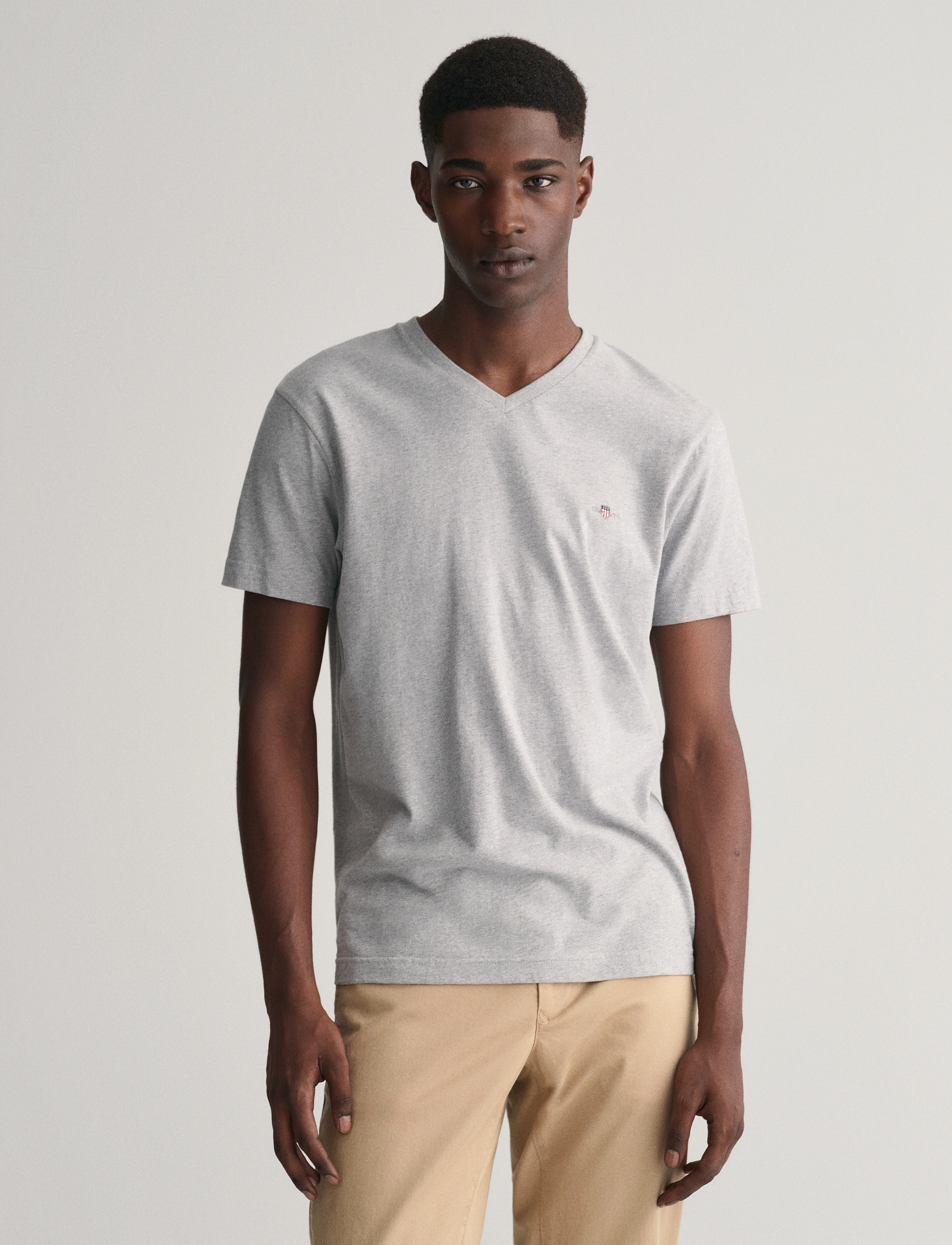 Gant Slim Shield V-Neck T-Shirt, M, Grey, T-Shirts > Kortærmede, Herre