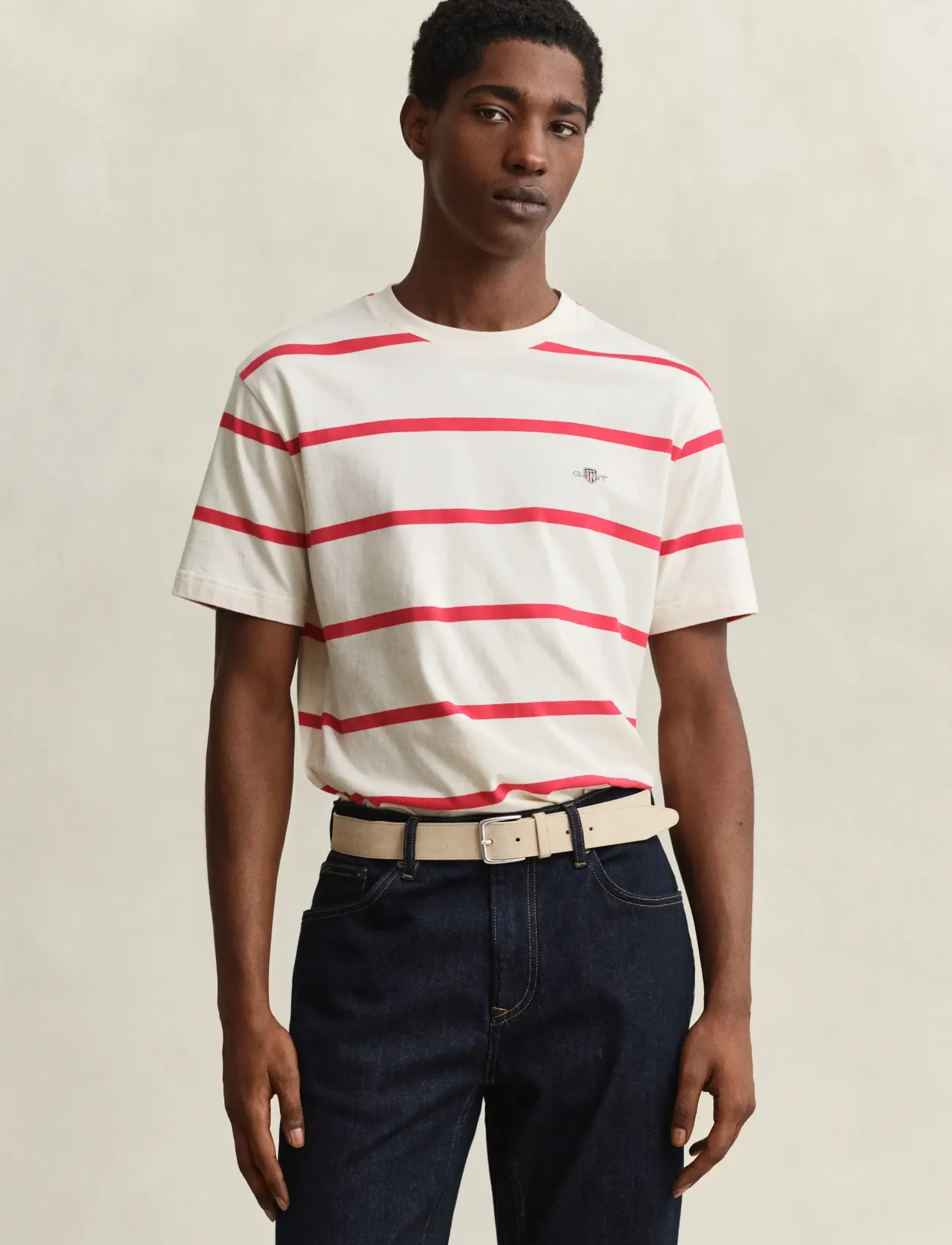 GANT STRIPED SS TSHIRT - T-Shirts - CREAMED WHITE / red