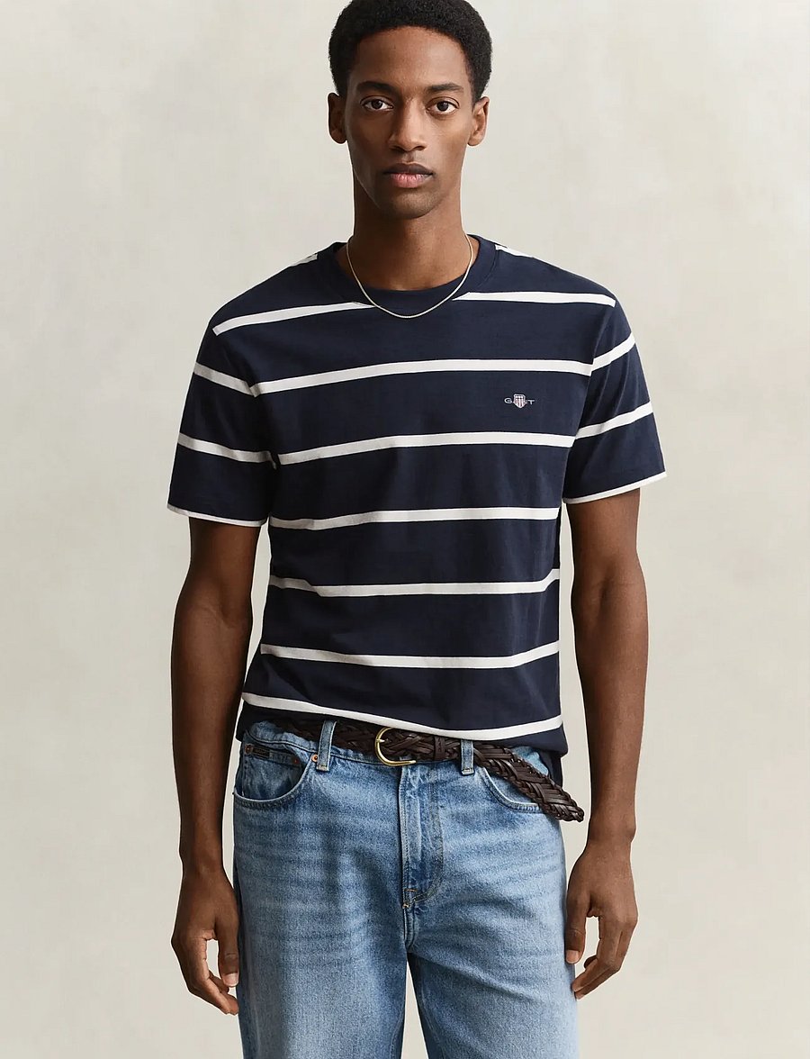 Gant - STRIPED SS TSHIRT - kortærmede t-shirts - evening blue - 0