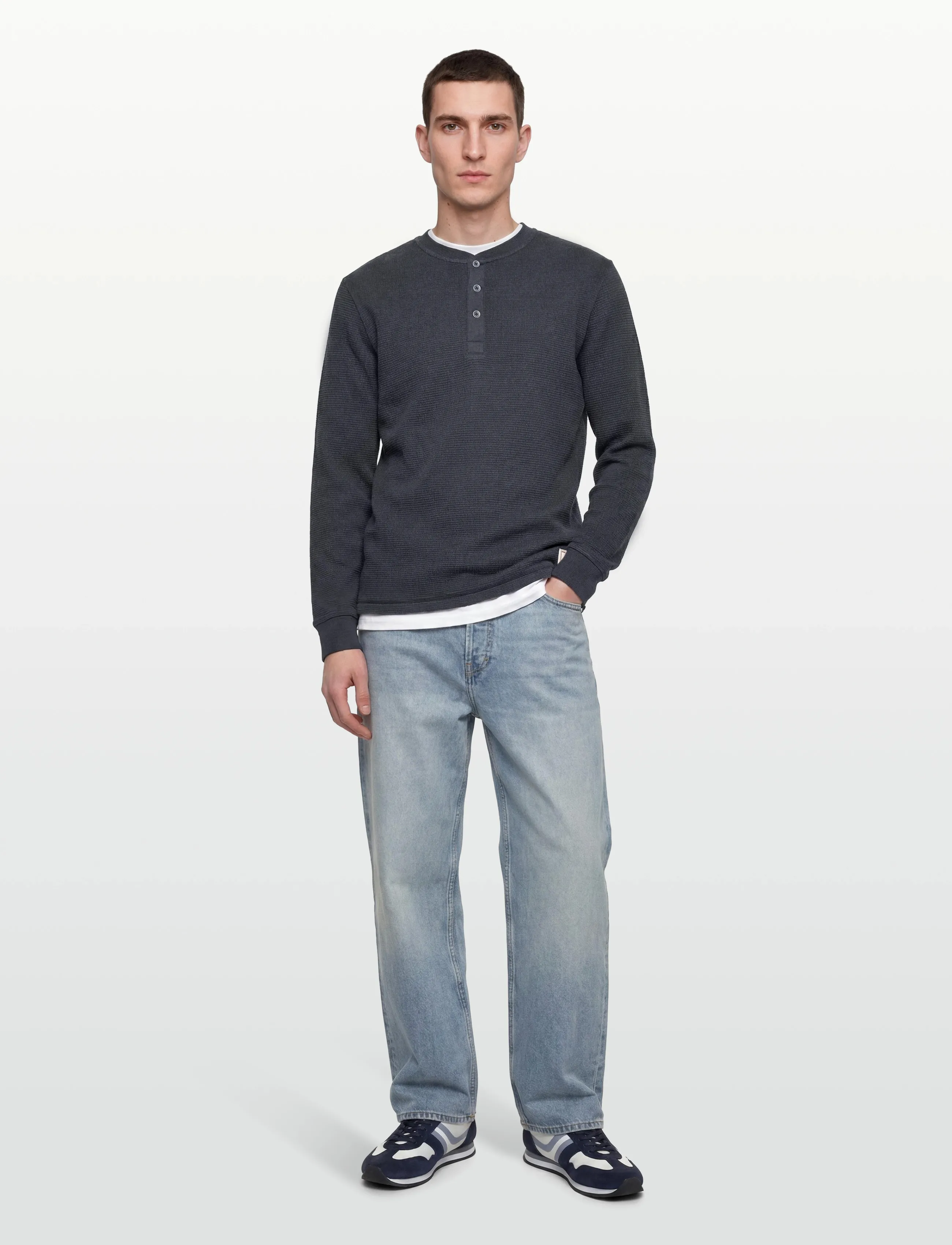 Gant Washed Waffle Henley, Mænd, Vaffel Henley Skjorte, Navy, Str: XXXL