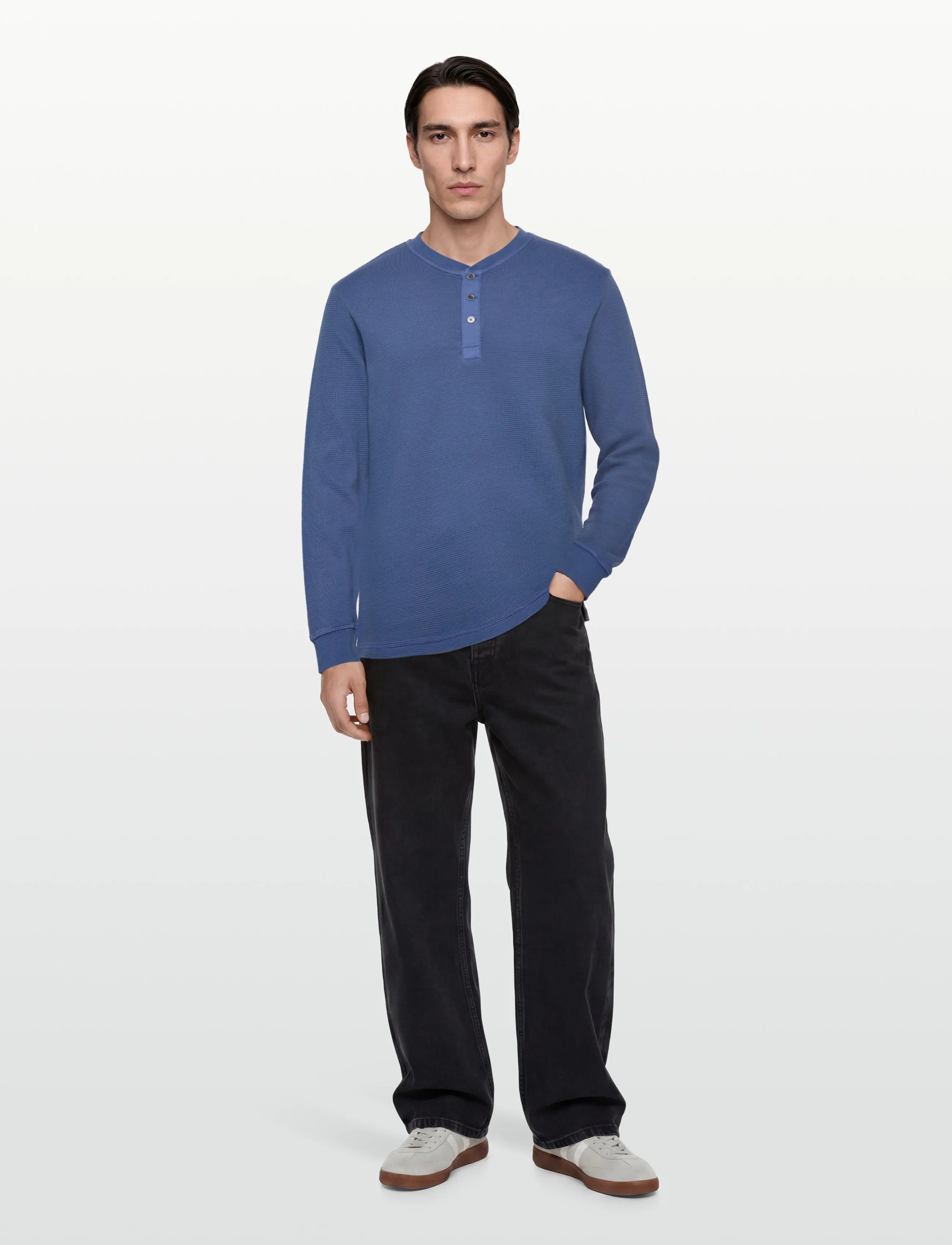 Gant Washed Waffle Henley, Mænd, Vaffel Henley Skjorte, Blå, Str: XXL
