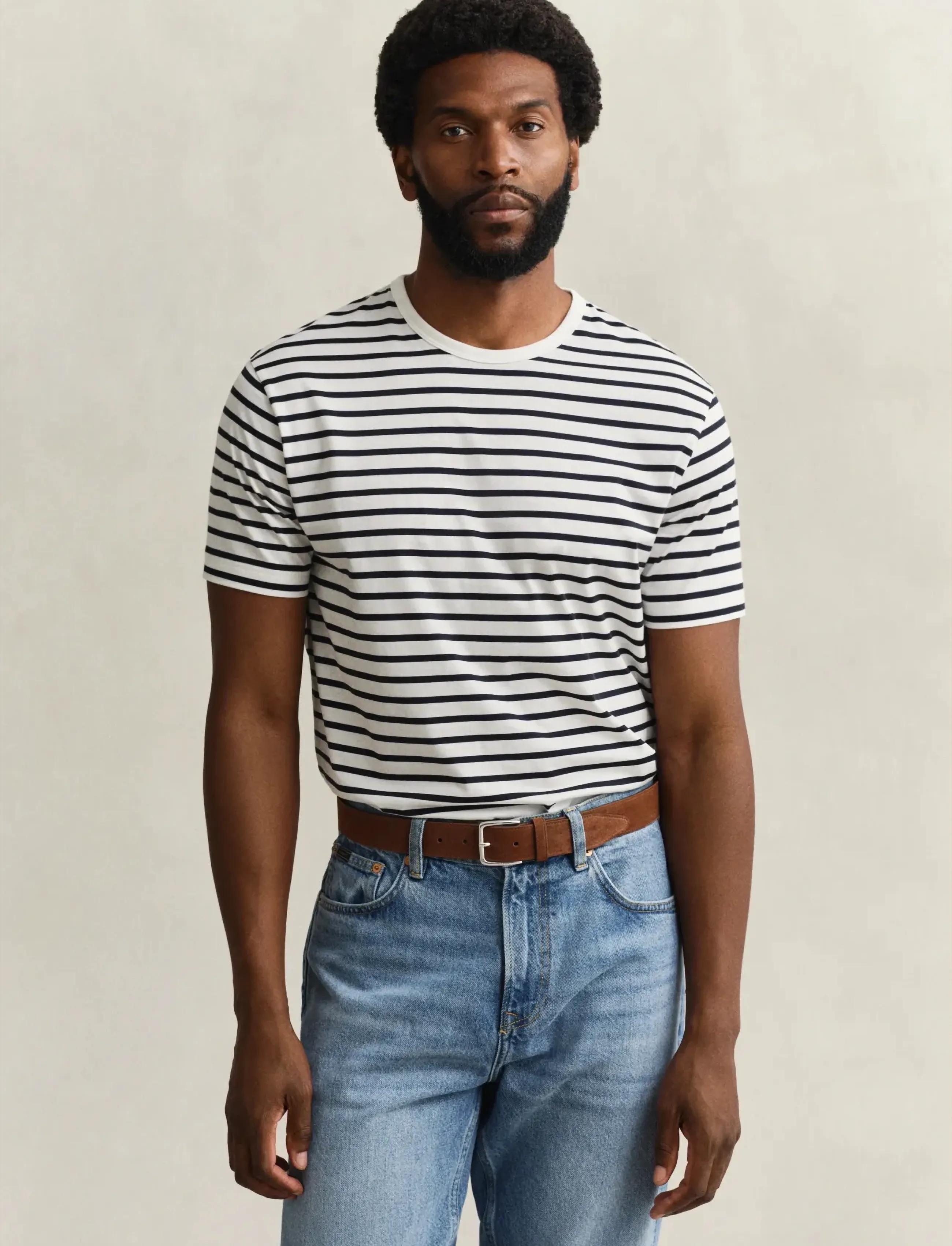 GANT PIMA STRIPE SS TSHIRT - T-krekli ar īsām piedurknēm - EGGSHELL / white