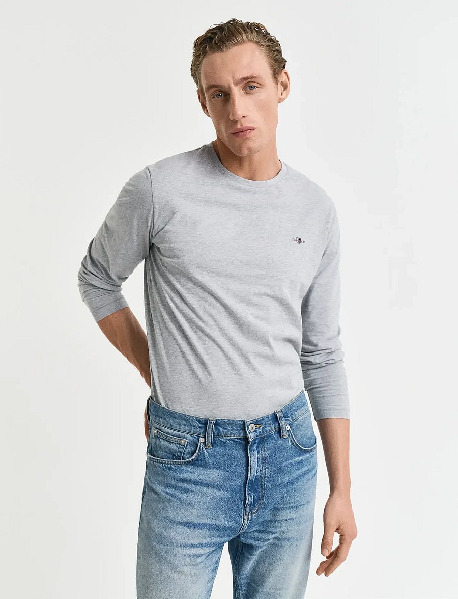 Gant - Shield Long Sleeve T-Shirt - långärmade t-shirts - grey melange - 0