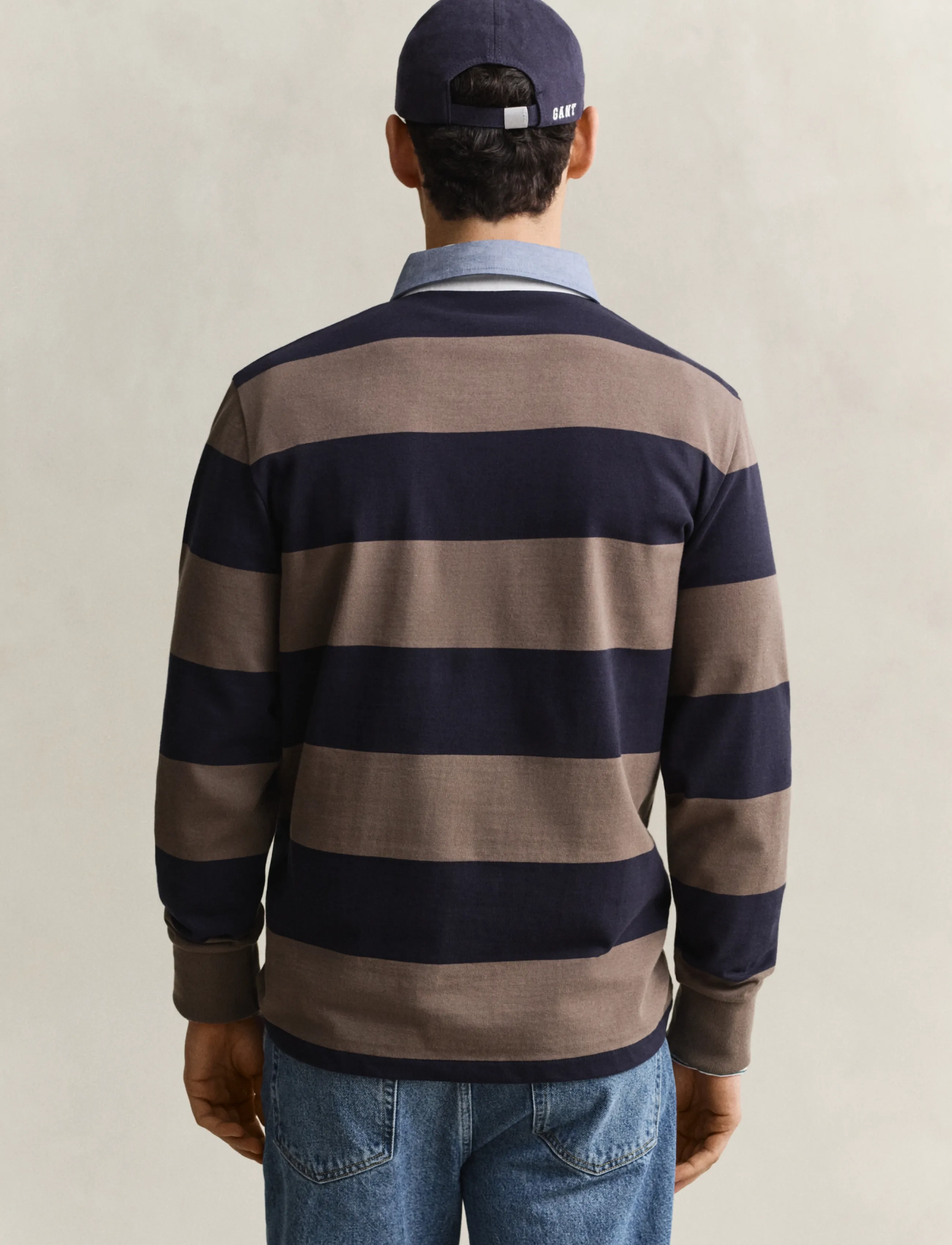 Randig Heavy polo med taupe chambray-krage 3