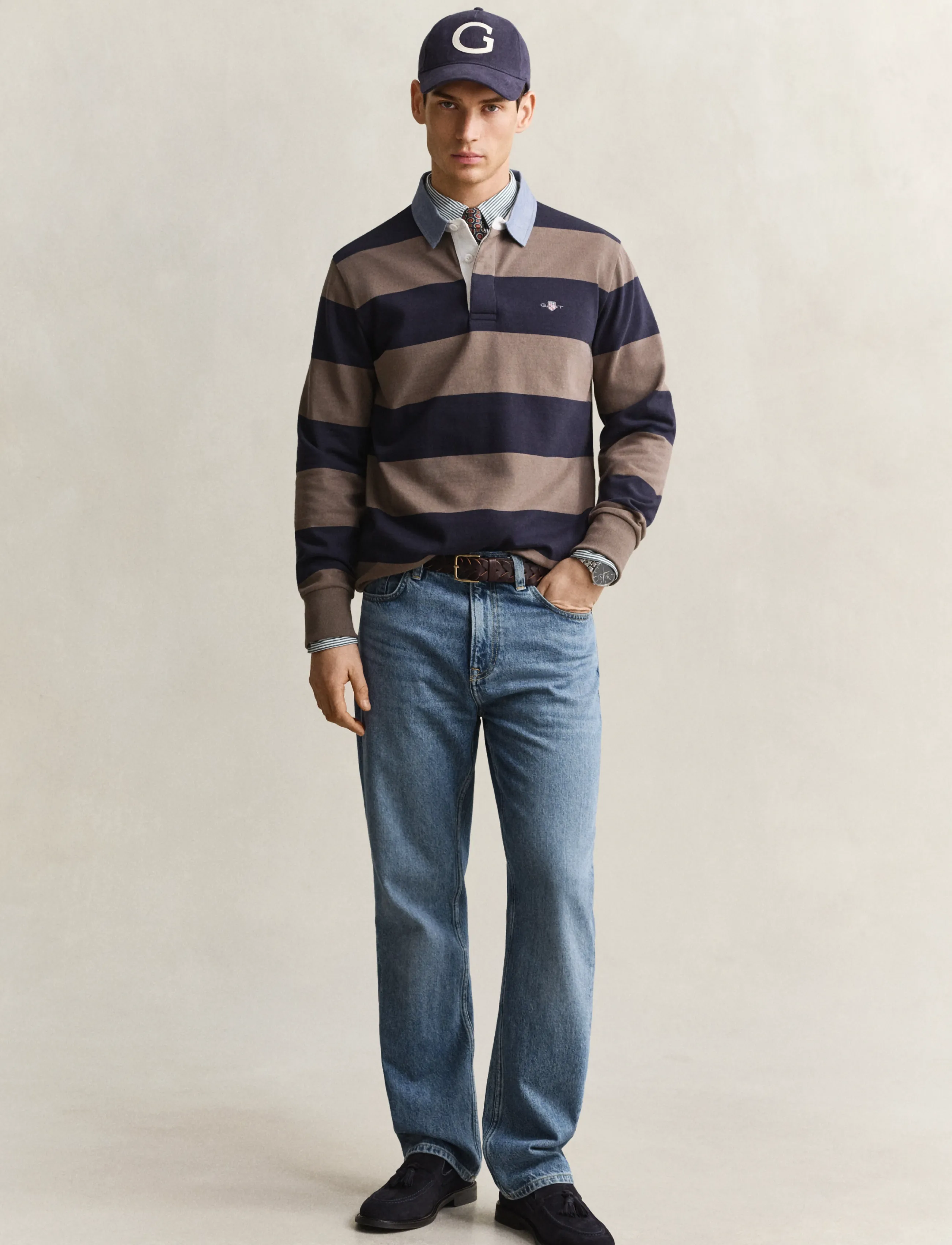 Randig Heavy polo med taupe chambray-krage 5