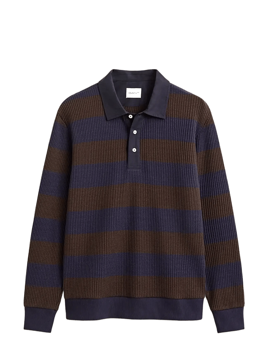 Gant - STRIPED WAFFLE POLO - langärmelige strick-polohemden - black brown - 1