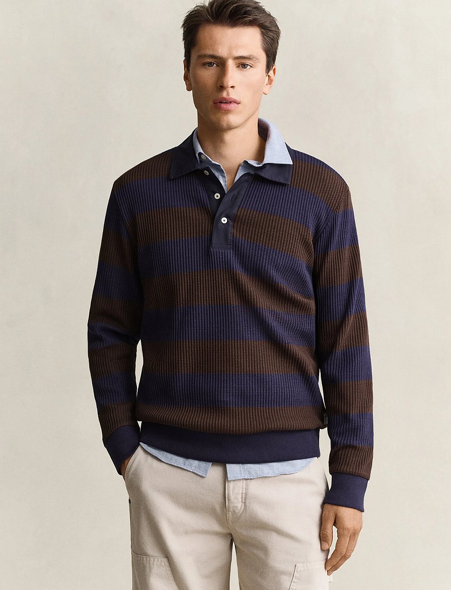 Gant - STRIPED WAFFLE POLO - langärmelige strick-polohemden - black brown - 0