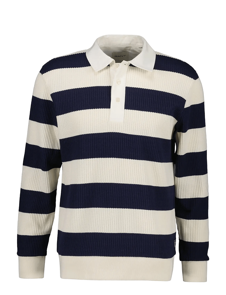 Gant - STRIPED WAFFLE POLO - langärmelige strick-polohemden - cream - 0