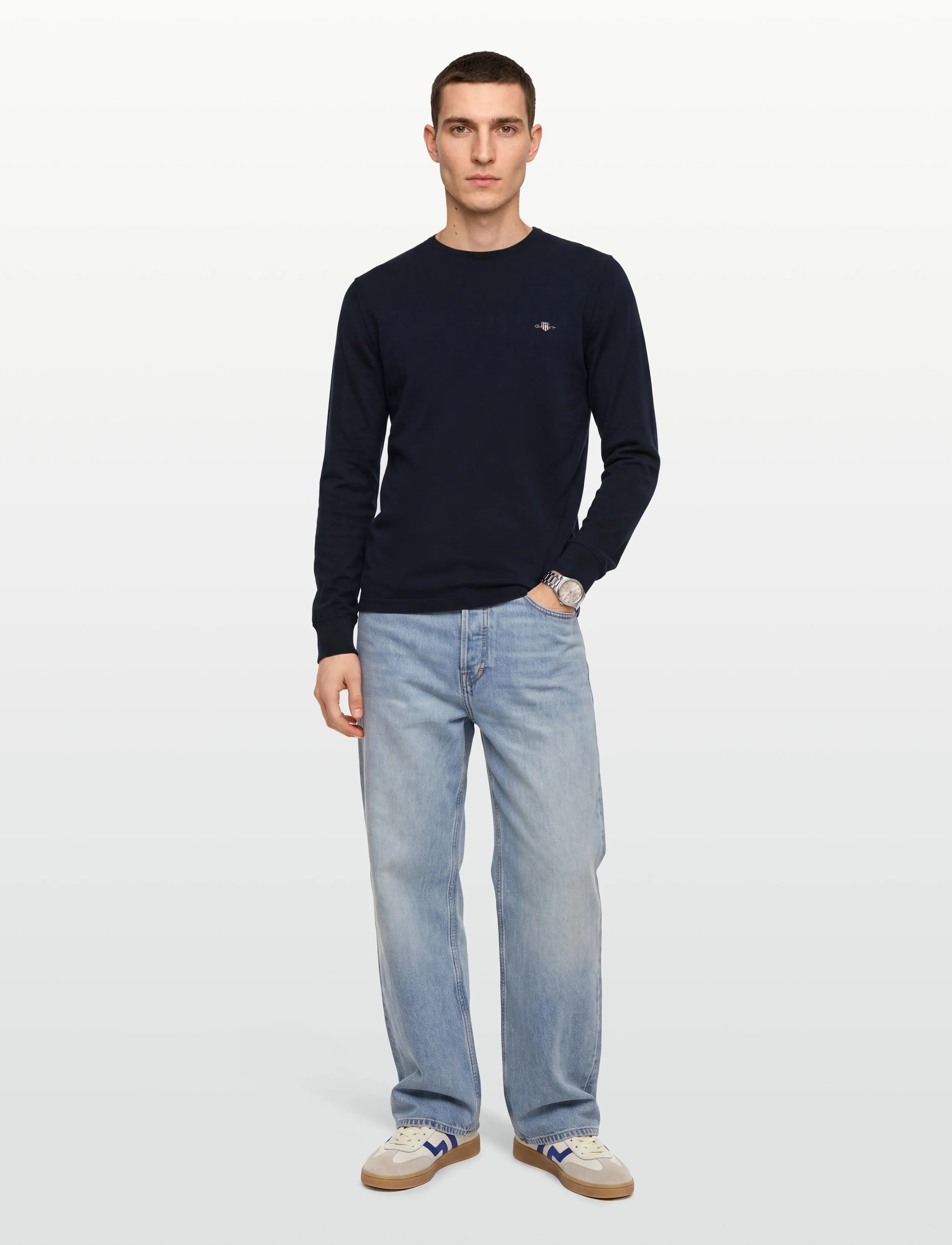 Gant Slim Pique Ls T-Shirt, XXL, Knitwear, Marineblau - Round Necks, Männerswear