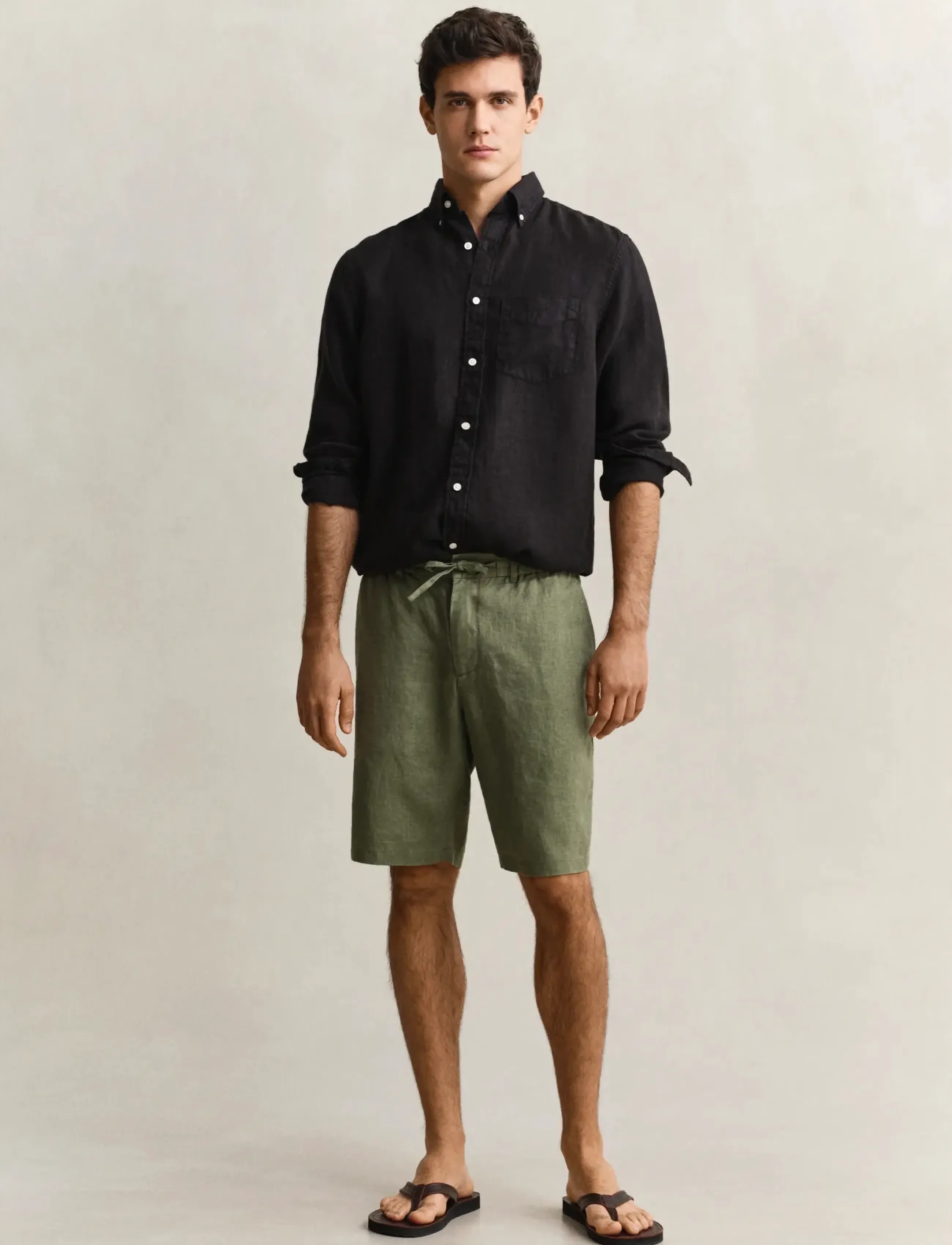 Gant Reg Linen Ds Shorts, Mænd, Linned Shorts Med Snøre, Kakigrøn, Str: XL
