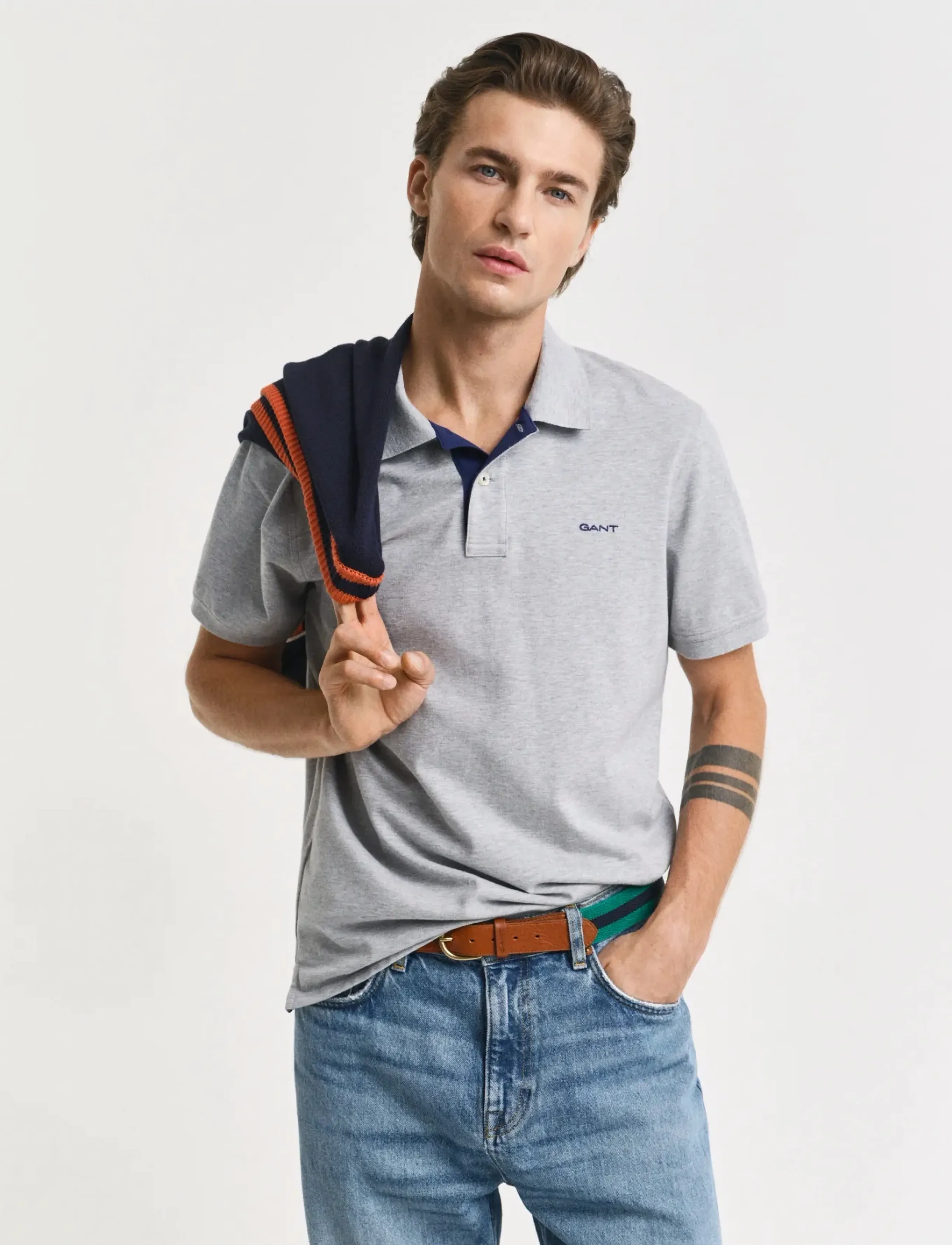 Gant Contrast Polo Shirt, 3XL, Polos, Grau - Short-sleeved, Männerswear