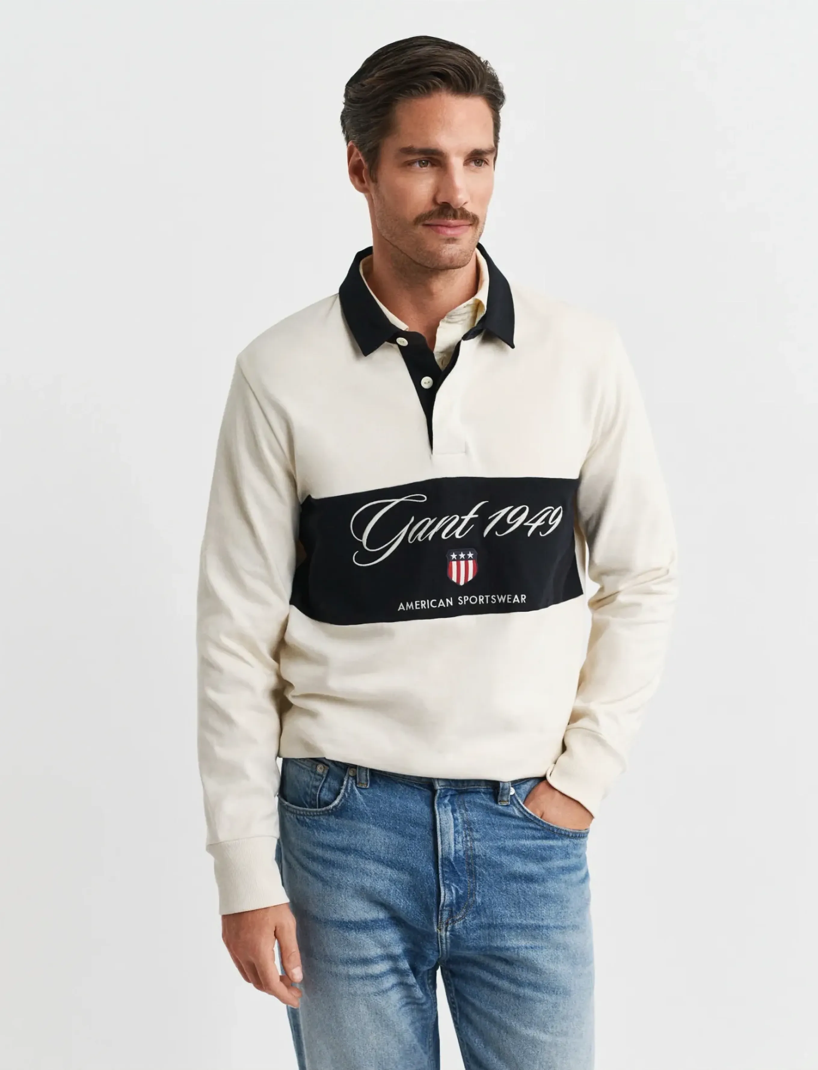 Gant Blocked Heavy Rugger, M, Cream, Poloer > Langærmede, Herre